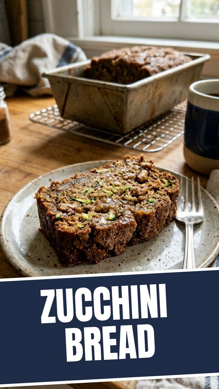 A freshly baked loaf of zucchini bread, golden brown and moist