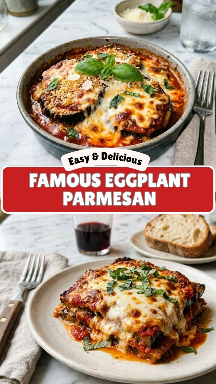 A serving of savory eggplant parmesan with melted cheese and fresh basil.