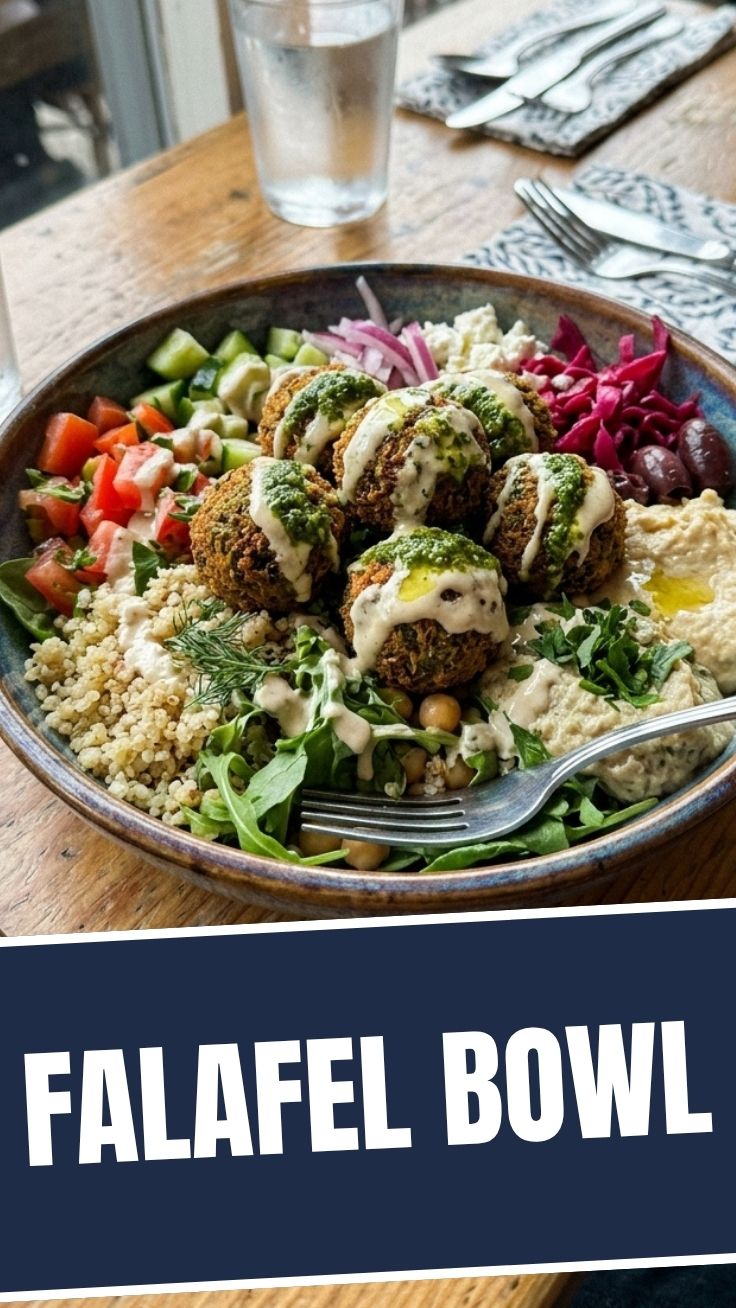 A vibrant falafel bowl filled with fresh ingredients