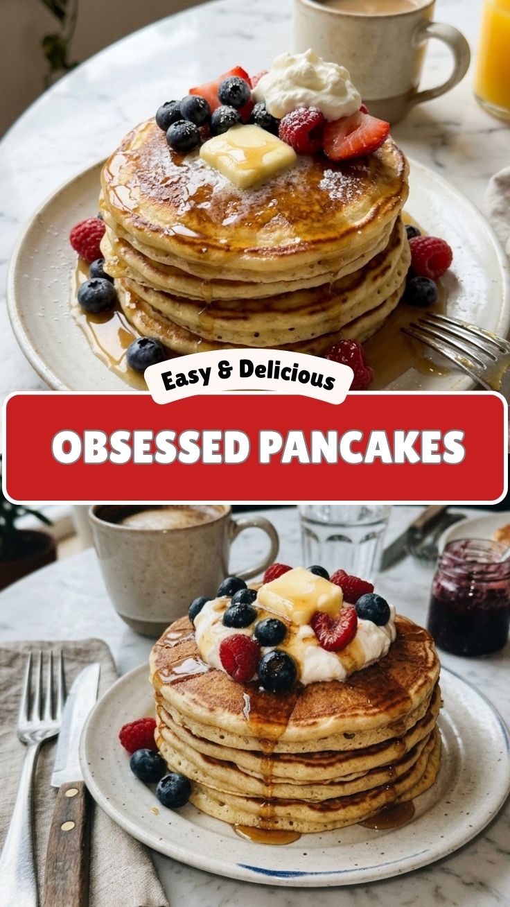 Stack of fluffy homemade pancakes drizzled with syrup