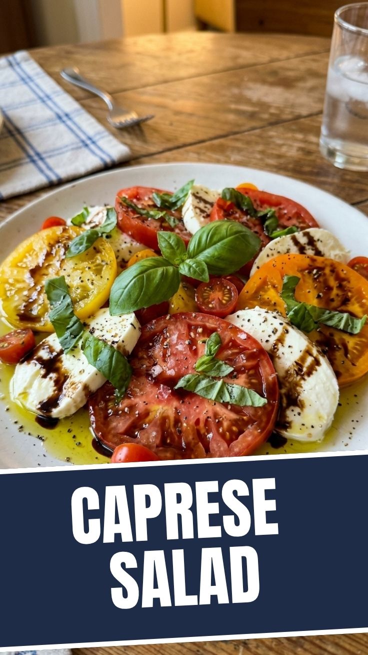 A vibrant Caprese salad with fresh mozzarella, basil, and tomatoes