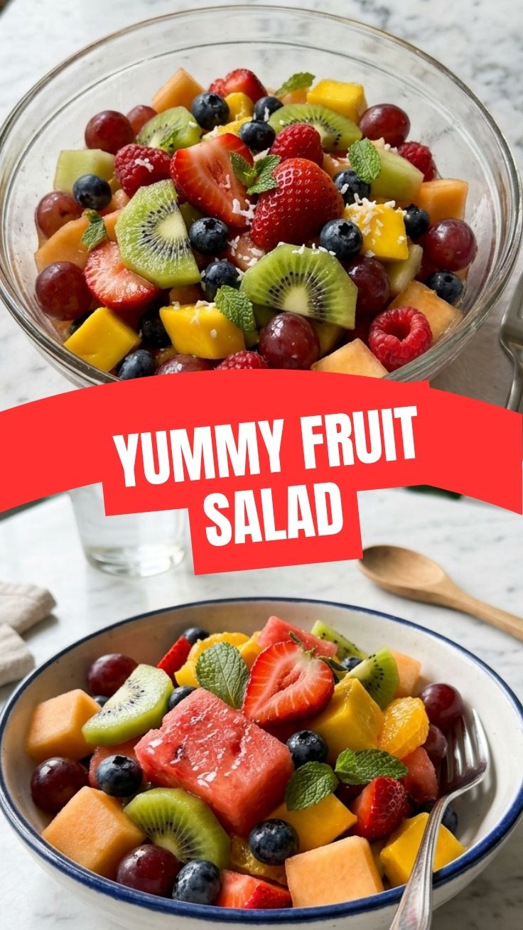 A refreshing bowl of mixed fruit salad with berries and melon.