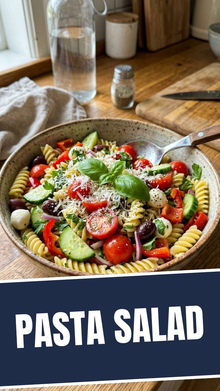 A vibrant bowl of fresh pasta salad with colorful vegetables.
