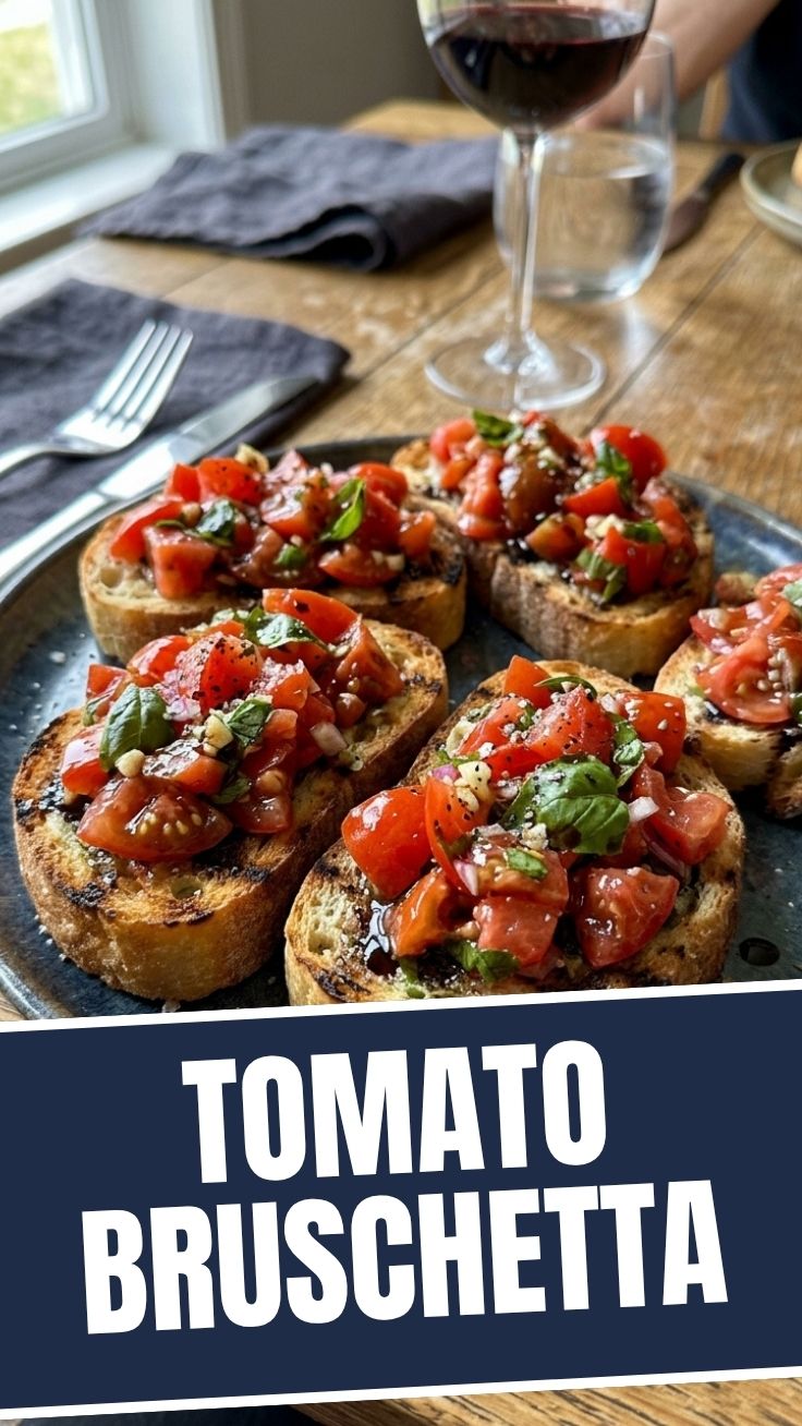 Platter of fresh tomato bruschetta with basil and olive oil