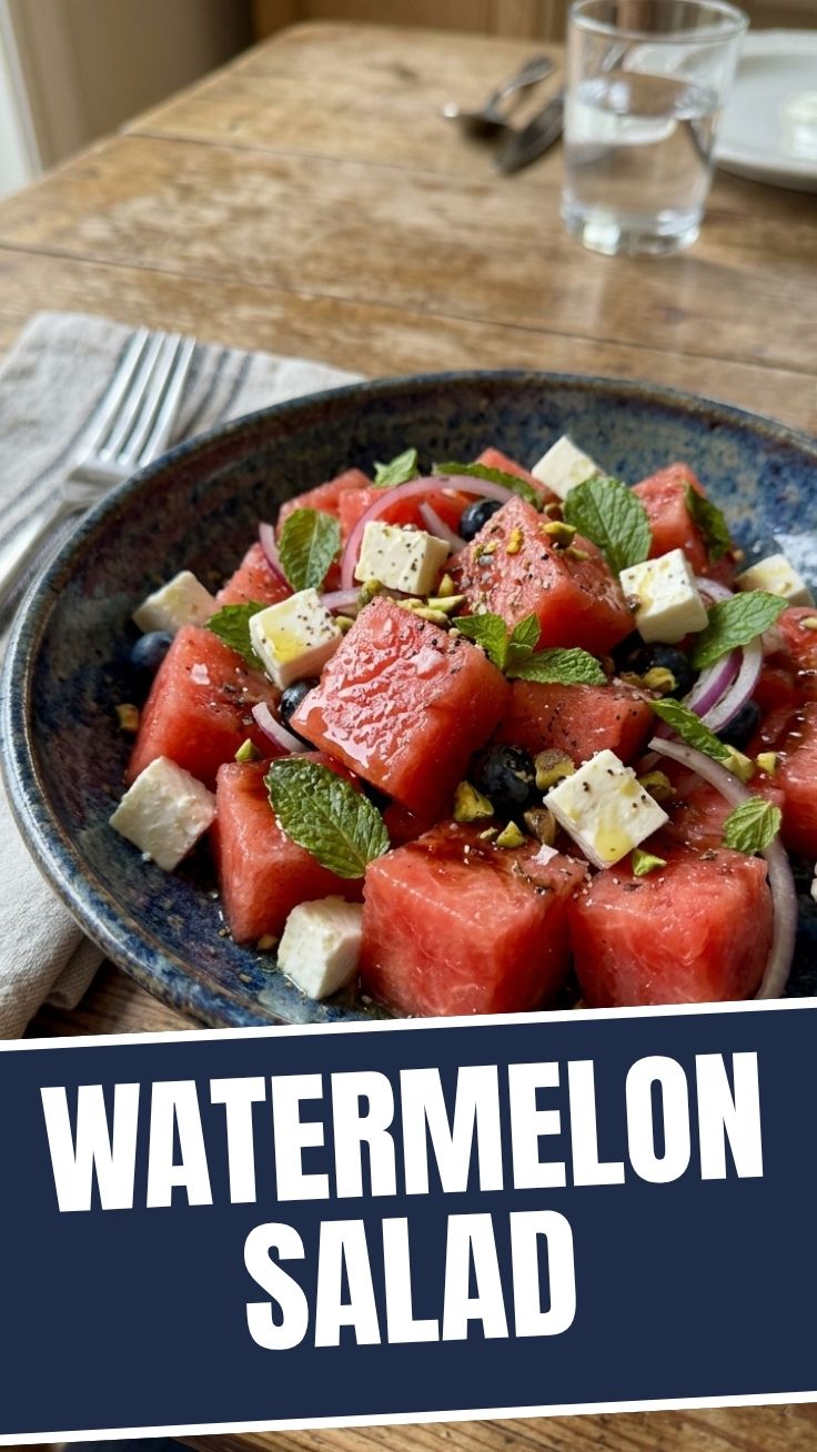 A bowl of refreshing watermelon salad with mint and feta