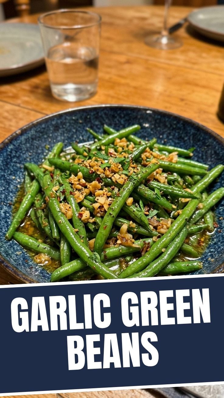 Close-up of vibrant green beans sautéed with minced garlic
