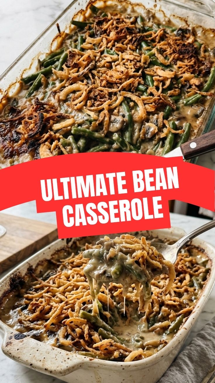 A classic green bean casserole in a white baking dish, ready to serve.