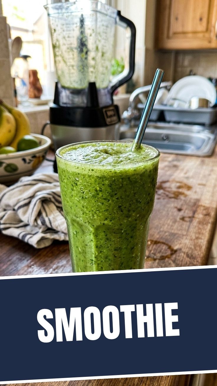 A vibrant green detox smoothie in a clear glass bottle, ready to drink.