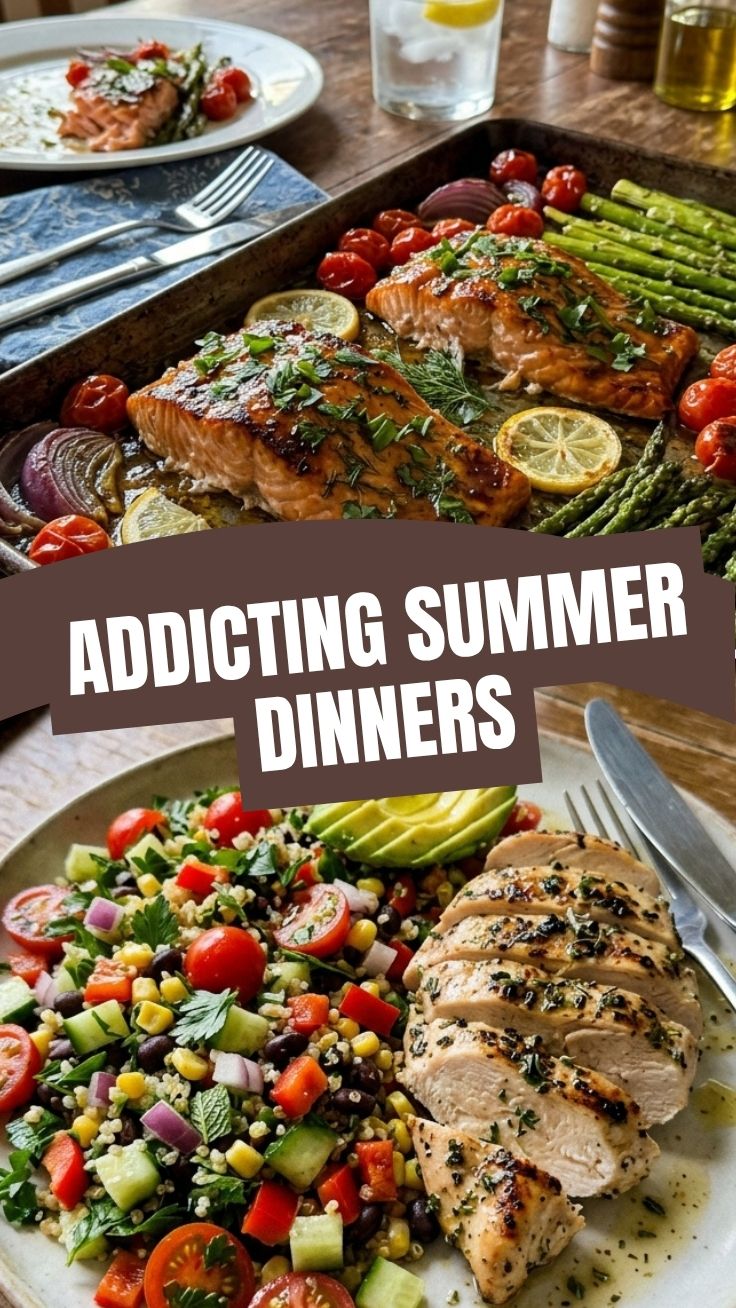 A platter of healthy 30 minute summer dinners featuring grilled chicken and fresh vegetables.