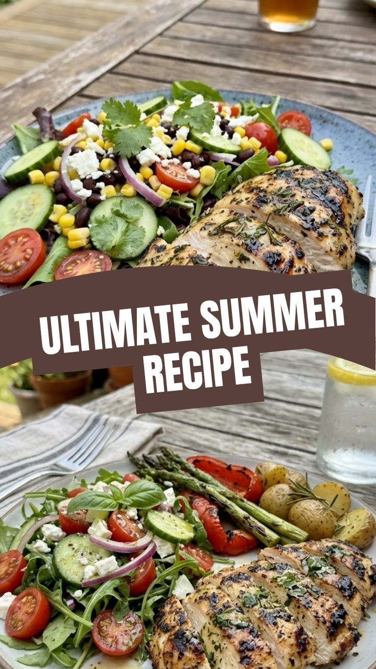 Healthy grilled chicken summer recipe with fresh herbs and vegetables.