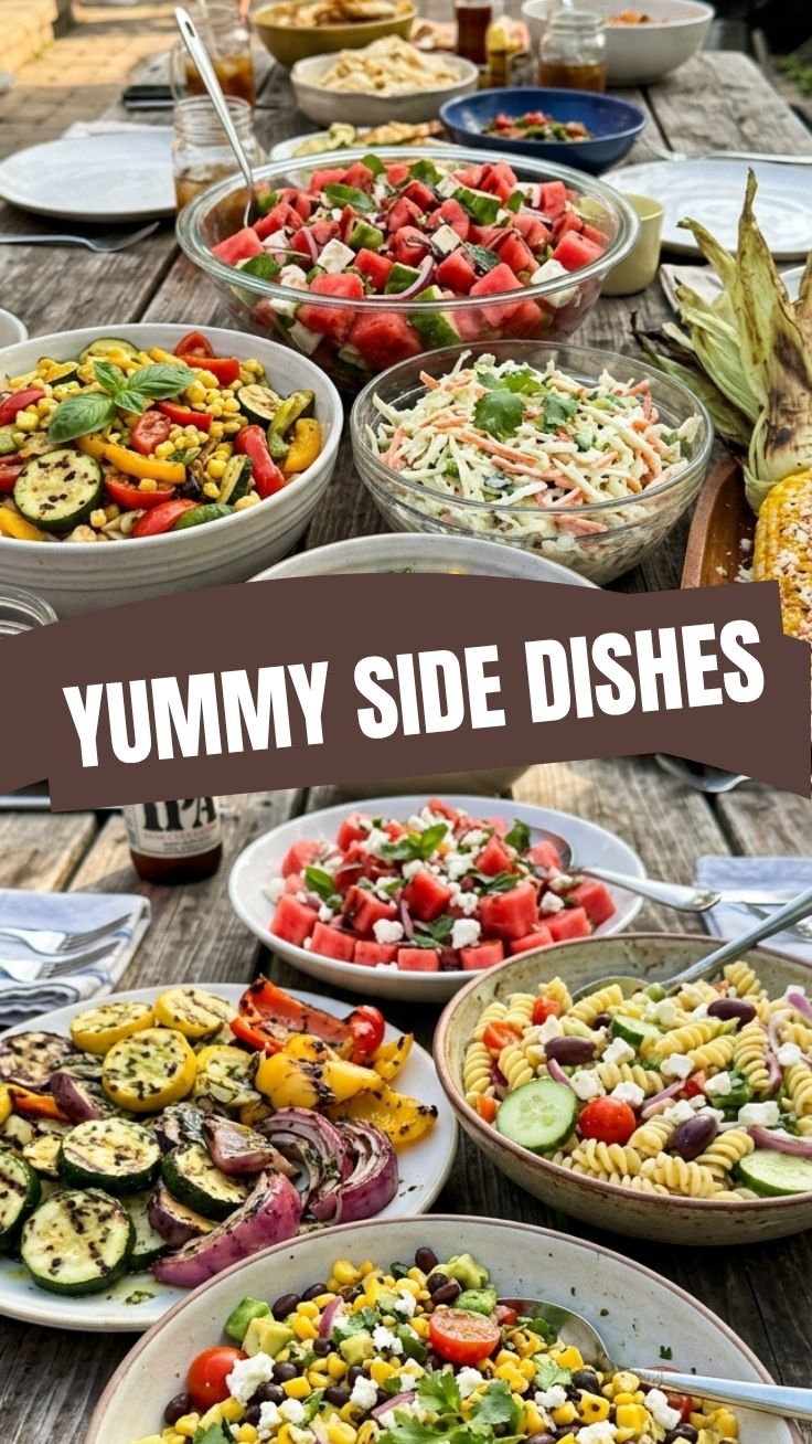 A colorful array of healthy summer BBQ side dishes arranged on a picnic table.