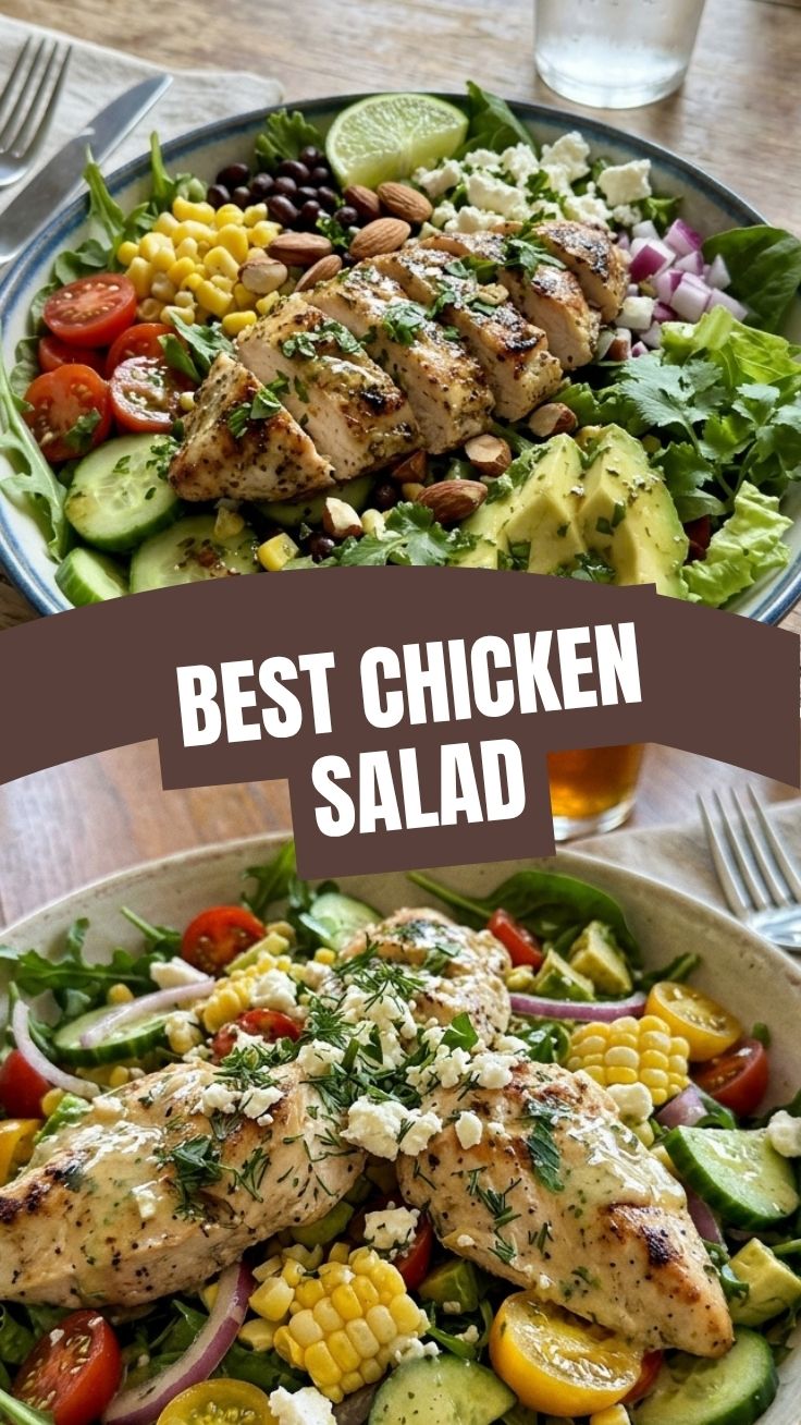 A vibrant healthy summer chicken salad in a large bowl, ready to serve