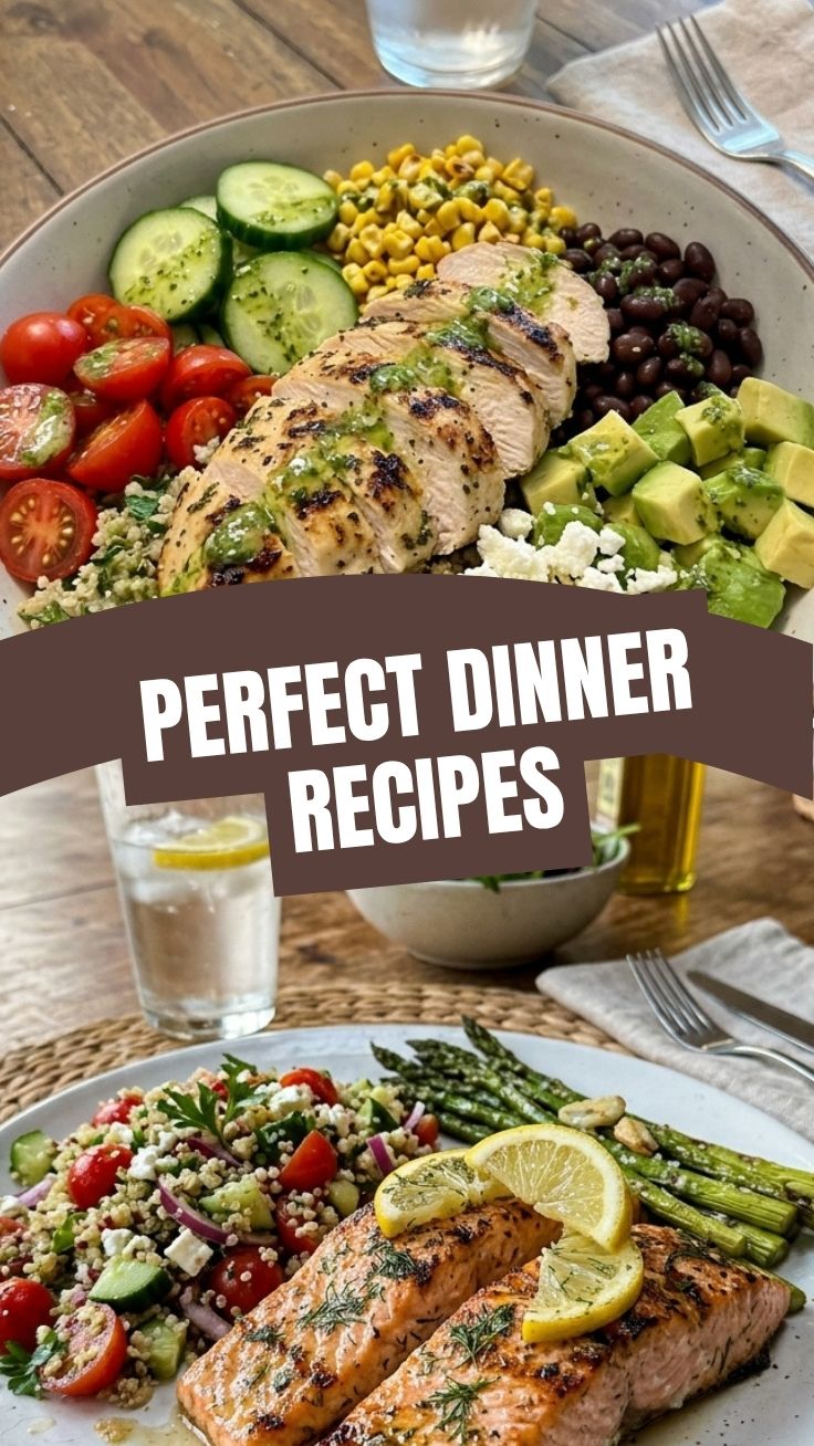 Collection of healthy summer dinner recipes laid out on a table