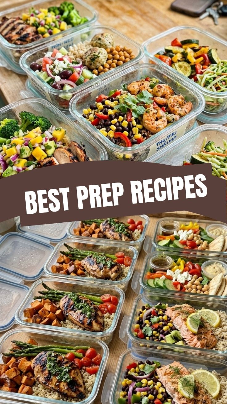 A vibrant array of healthy summer meal prep recipes arranged in individual containers.