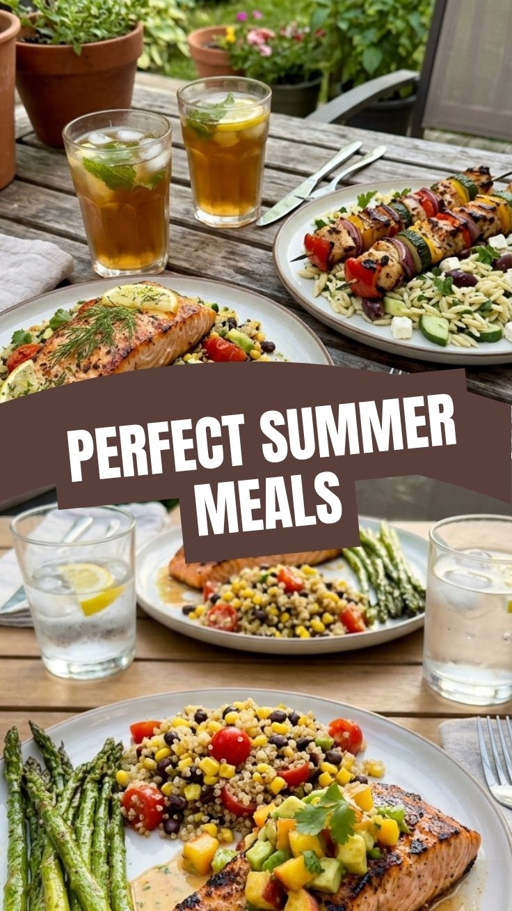 A table set with healthy summer meals for two, featuring fresh produce.