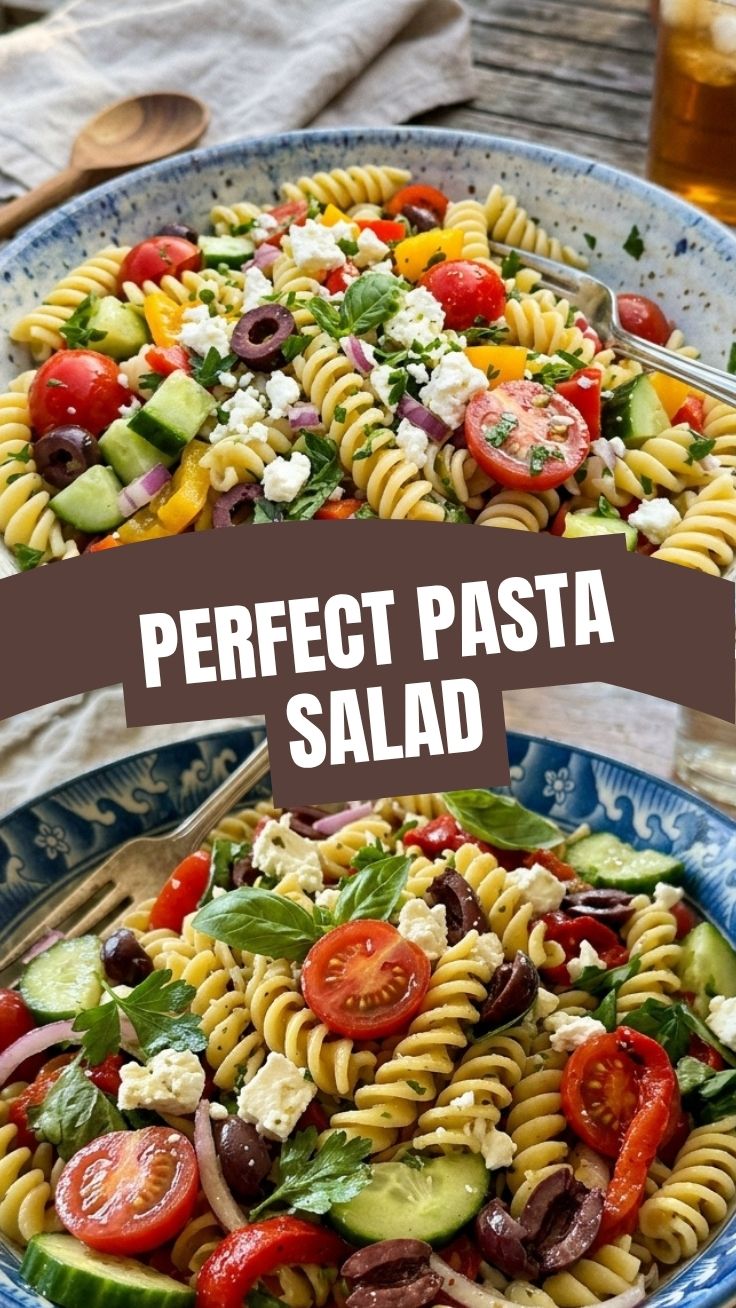 A vibrant bowl of healthy summer pasta salad with fresh vegetables and herbs