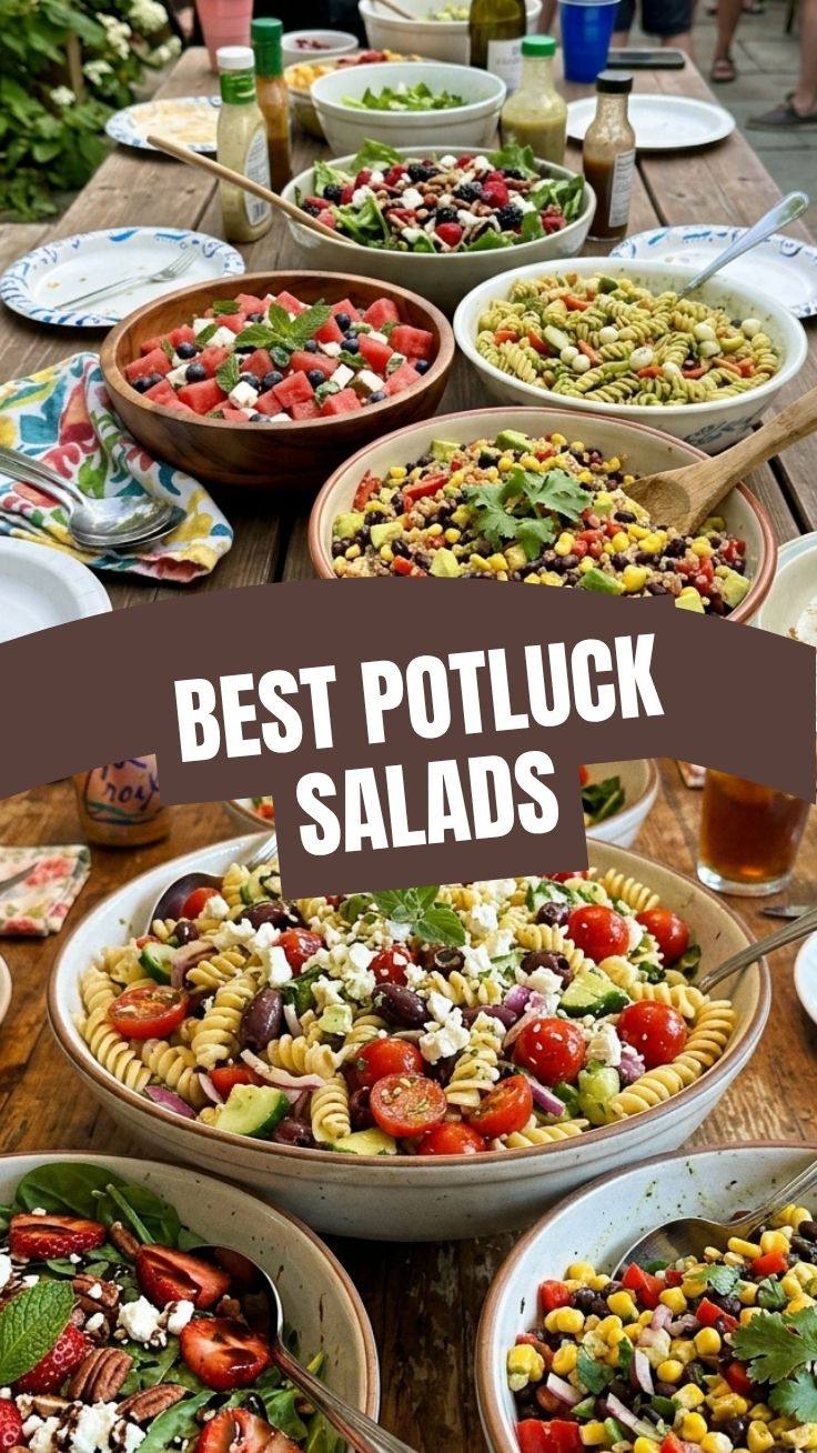 An array of colorful healthy summer potluck salads arranged on a picnic blanket.