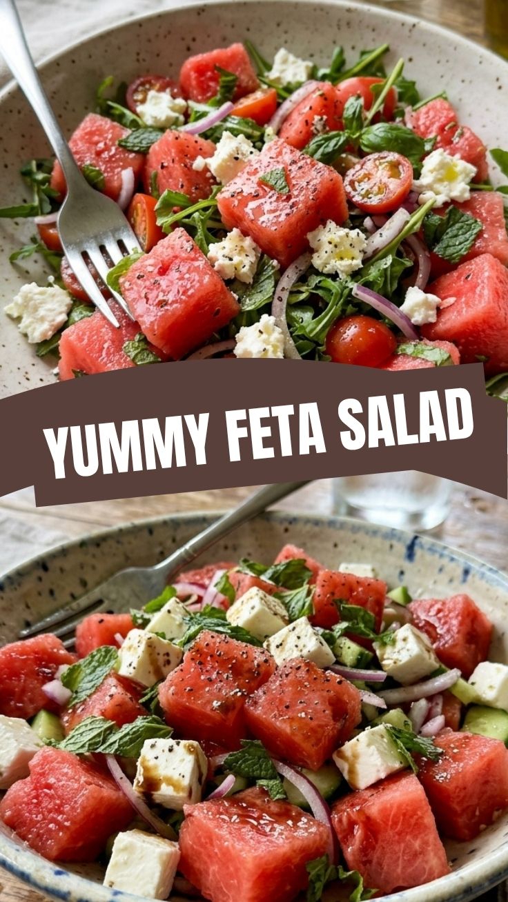 A refreshing healthy watermelon feta salad with mint leaves