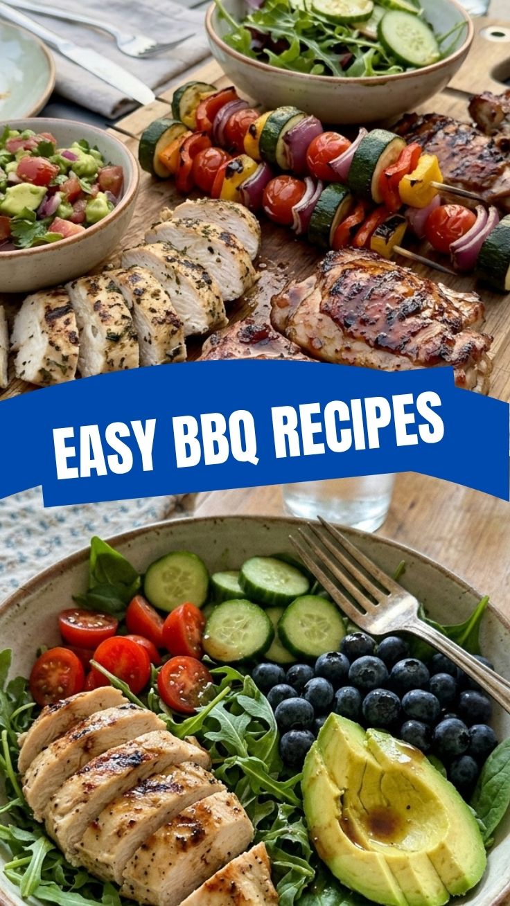 A colorful platter of healthy weight loss BBQ recipes with grilled chicken and vegetables