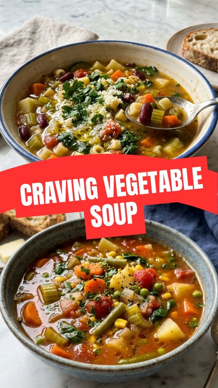 A steaming bowl of hearty vegetable soup, garnished with fresh herbs.