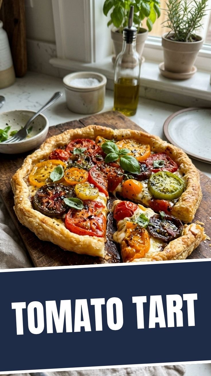 A vibrant heirloom tomato tart with a flaky crust