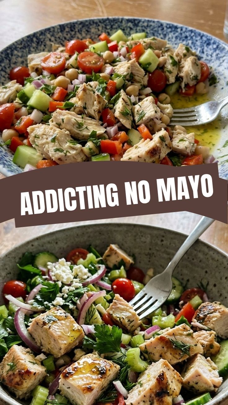 A serving of high protein chicken salad made without mayonnaise, garnished with fresh herbs.