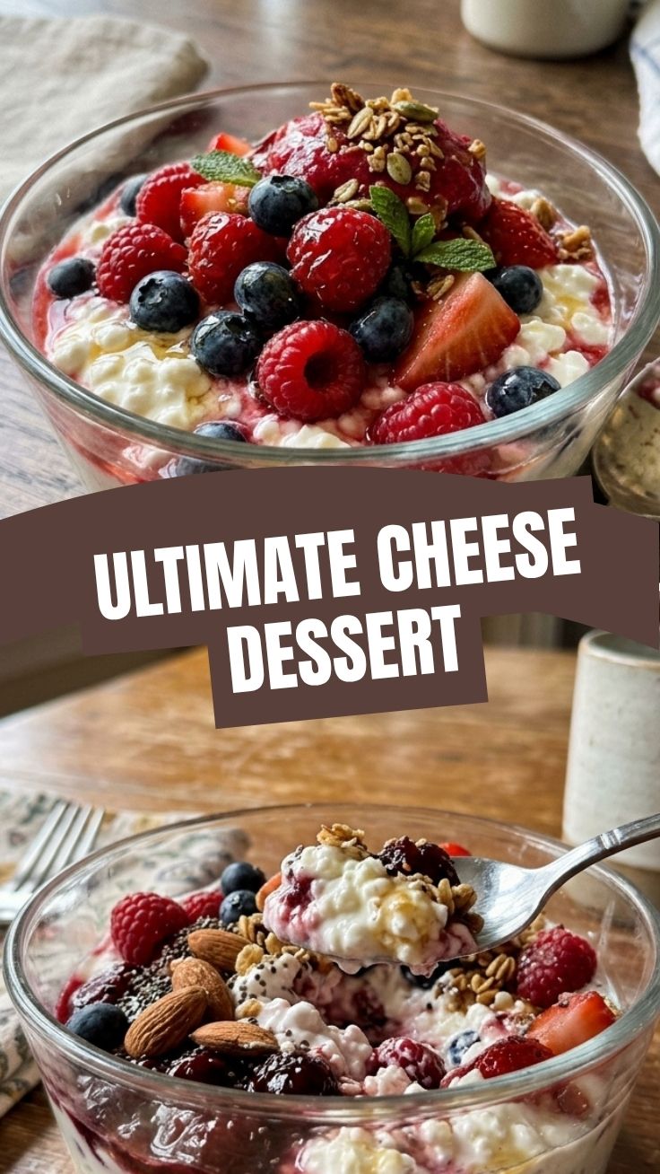 A high protein cottage cheese dessert in a glass bowl, topped with berries