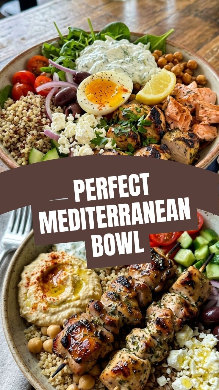 A vibrant high protein Mediterranean bowl filled with fresh ingredients