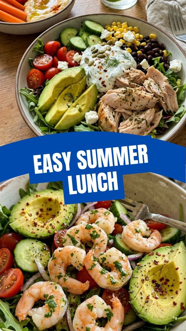 A refreshing high protein no cook summer lunch platter with colorful ingredients.