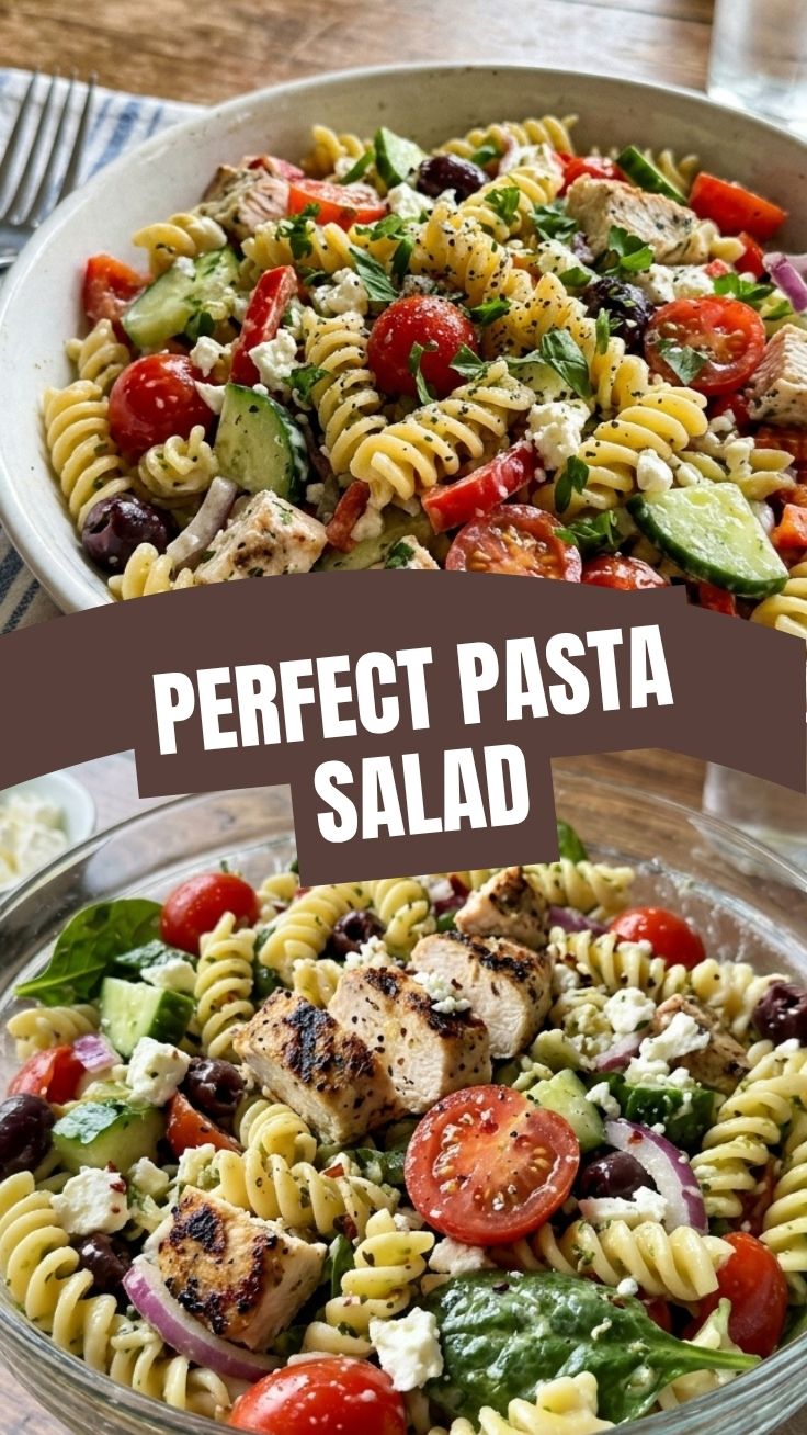 A vibrant high protein pasta salad in a bowl, ready to serve
