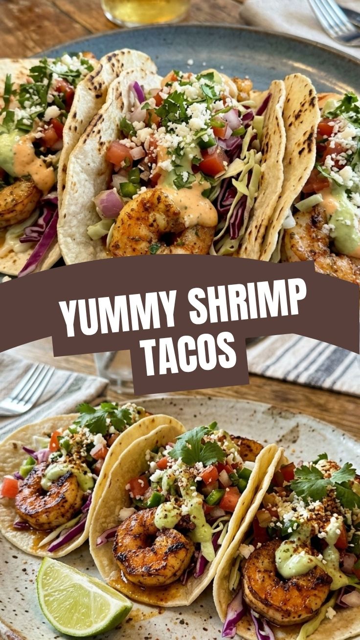 A close-up of high protein shrimp tacos with fresh cilantro and lime wedges.