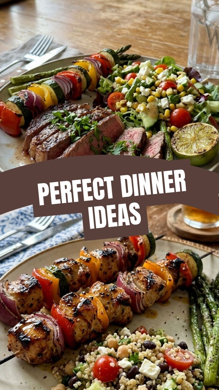 A colorful high protein summer dinner spread featuring grilled chicken and fresh salad