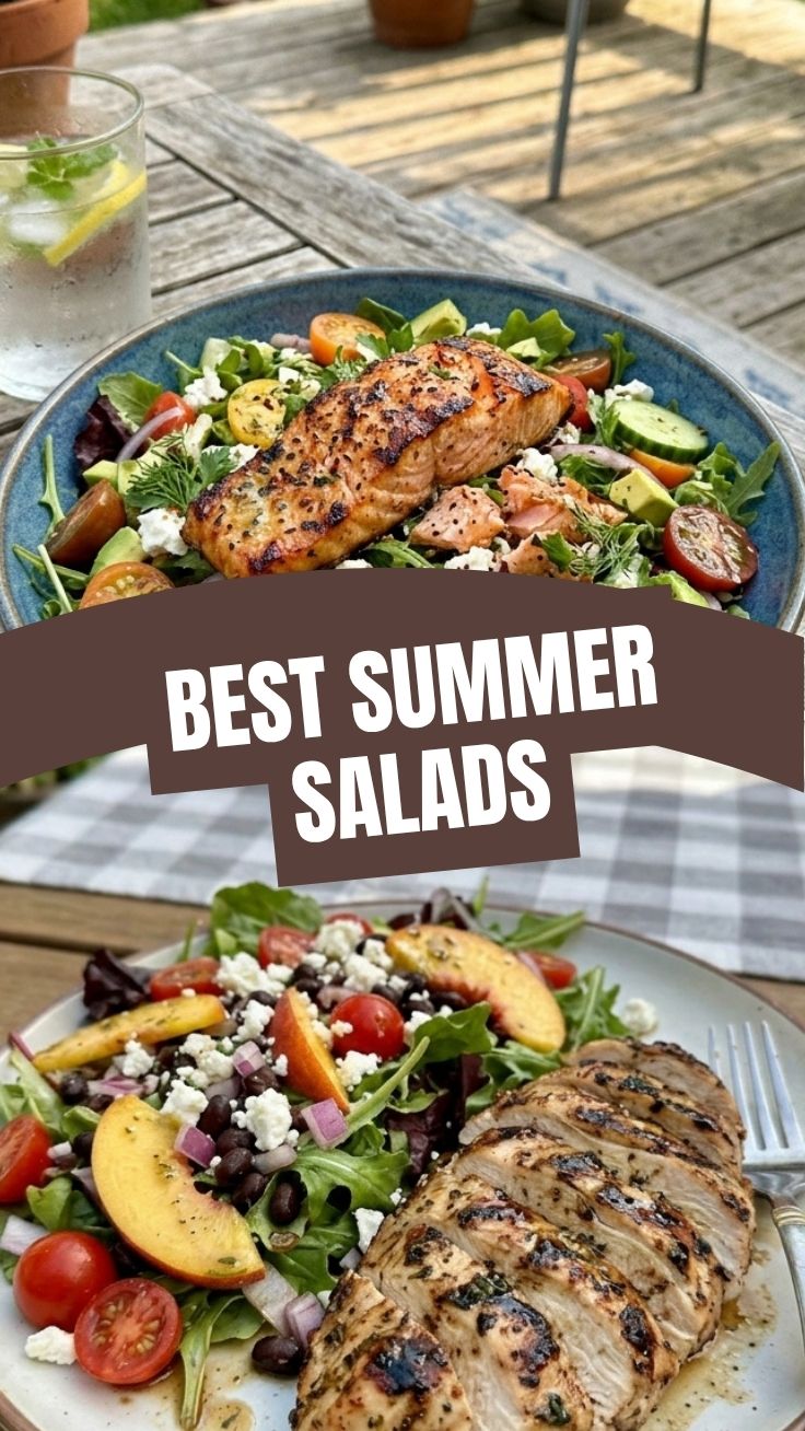 A healthy high protein summer salad with grilled chicken and mixed greens