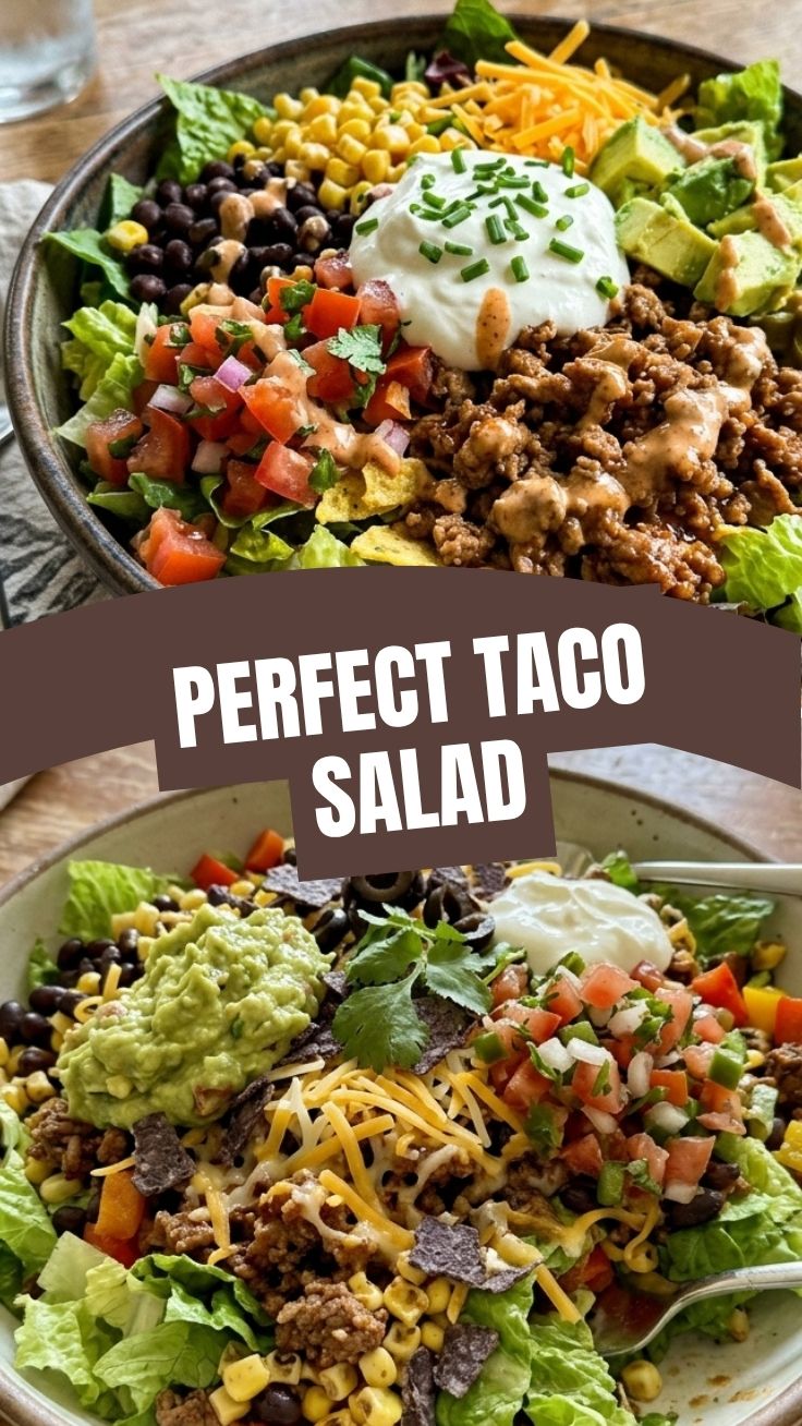A vibrant high protein taco salad with various fresh ingredients in a bowl.