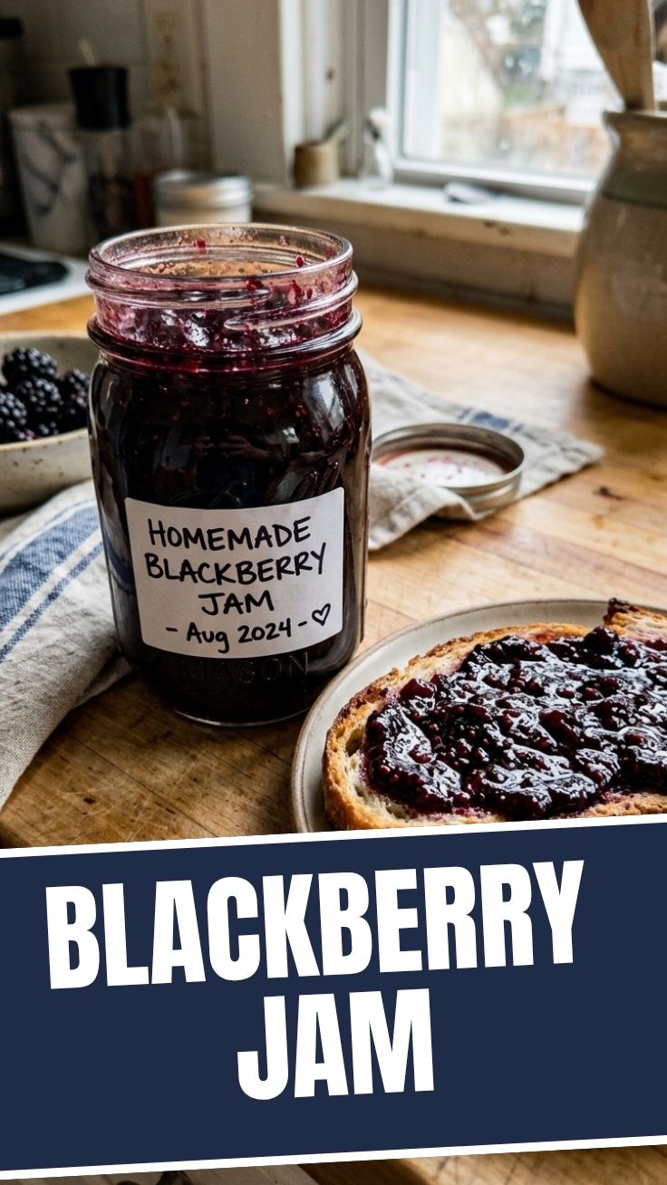 A jar of homemade blackberry jam with fresh blackberries on a wooden surface.