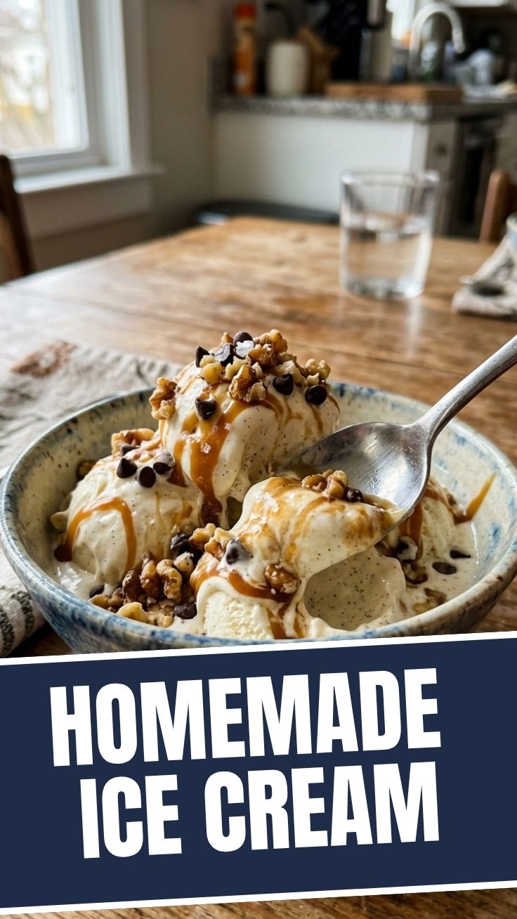 A scoop of homemade vanilla ice cream in a bowl