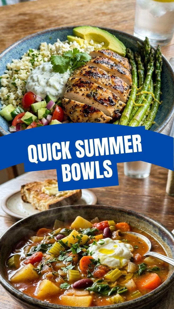 A vibrant low calorie summer bowl filled with fresh vegetables and lean protein.