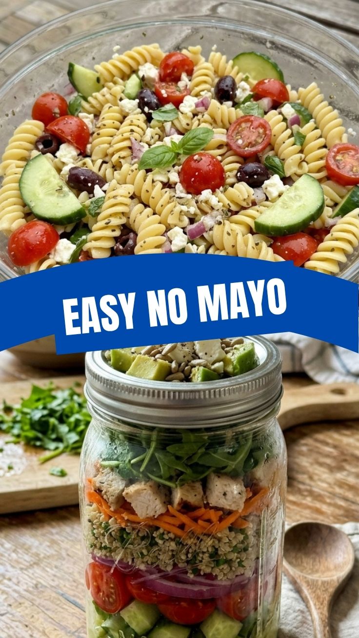 A vibrant low calorie summer pasta salad without mayo in a large bowl