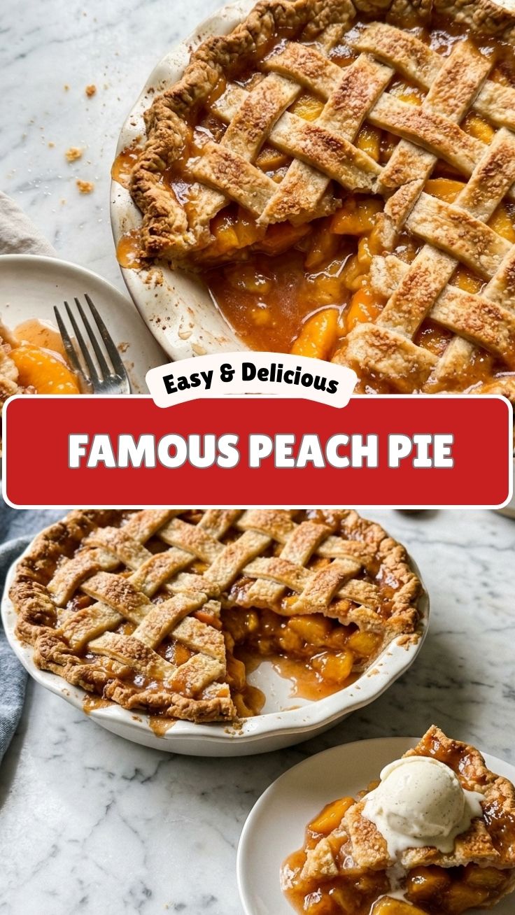 A freshly baked peach pie with a golden, flaky crust on a cooling rack.