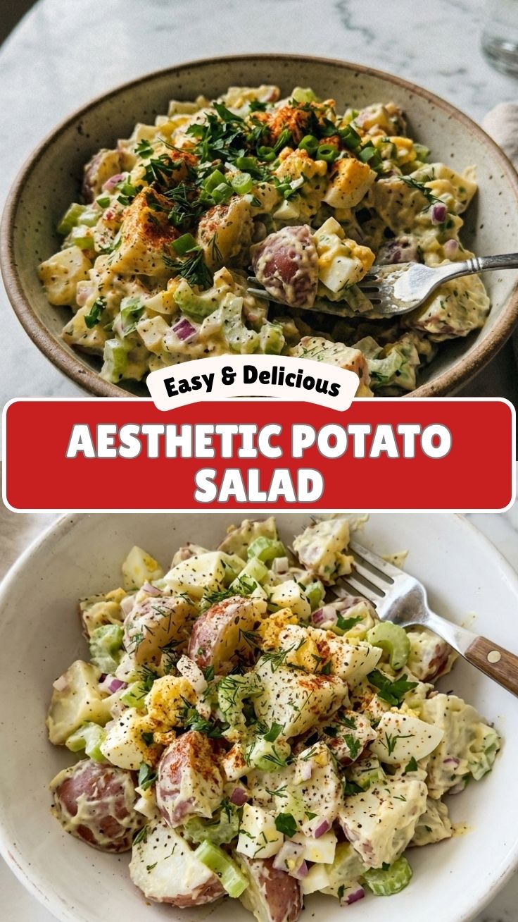 A bowl of creamy homemade potato salad with fresh herbs.