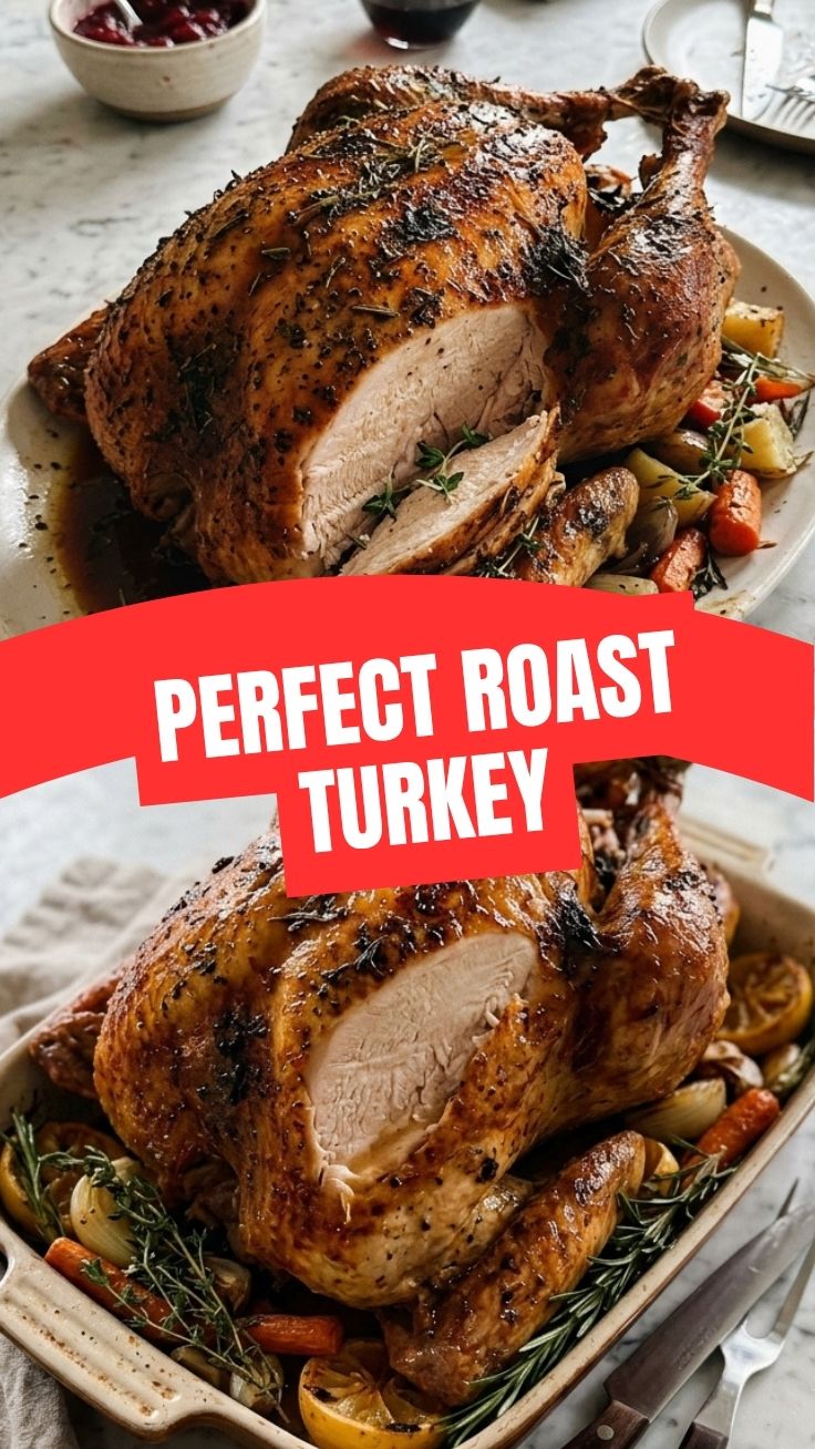 A perfectly cooked, golden brown roast turkey presented on a platter.