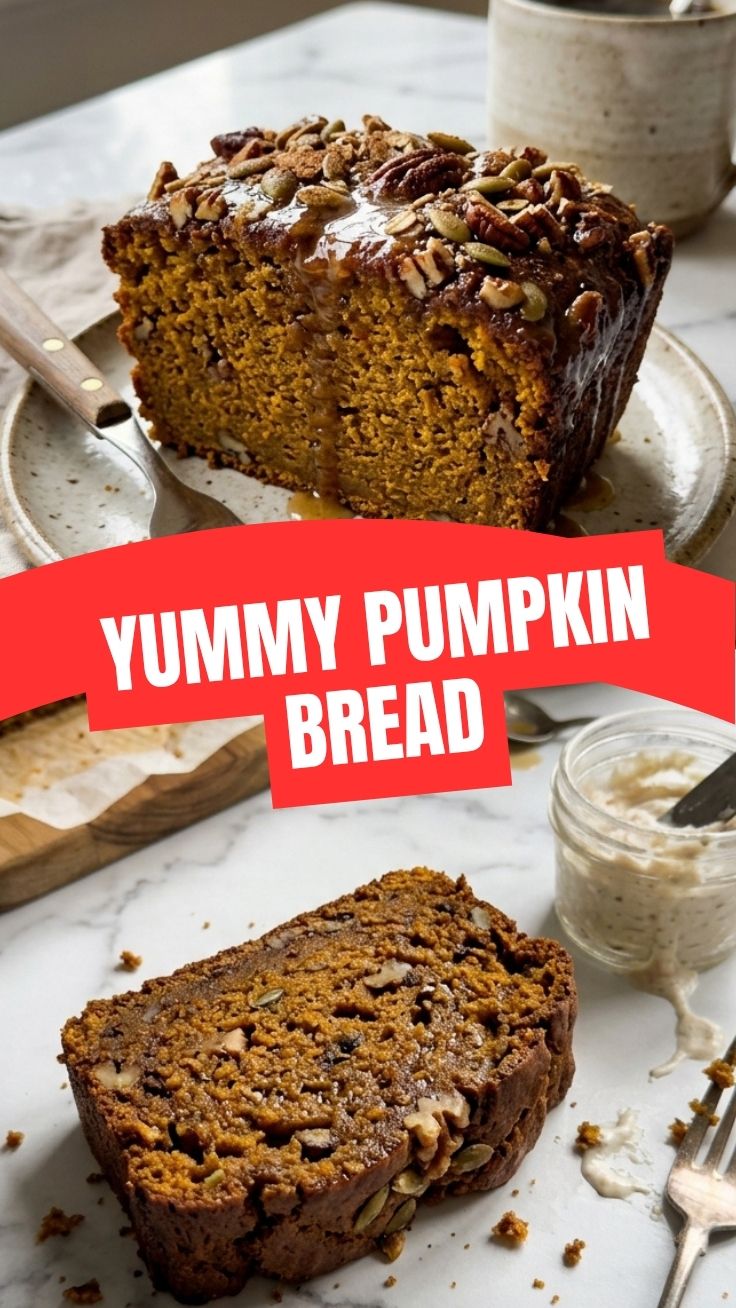 A freshly baked loaf of pumpkin bread on a wooden surface.