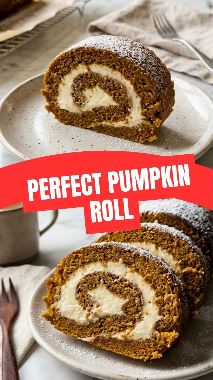 A freshly baked pumpkin roll with cream cheese frosting, dusted with powdered sugar