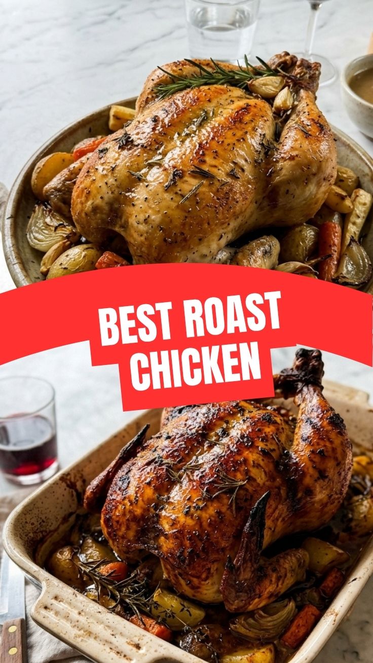A perfectly cooked roast chicken, golden brown and crispy.