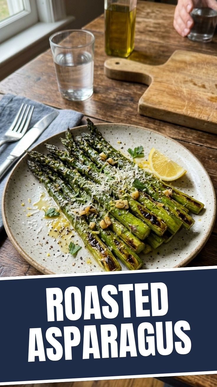 Freshly roasted asparagus spears on a serving dish