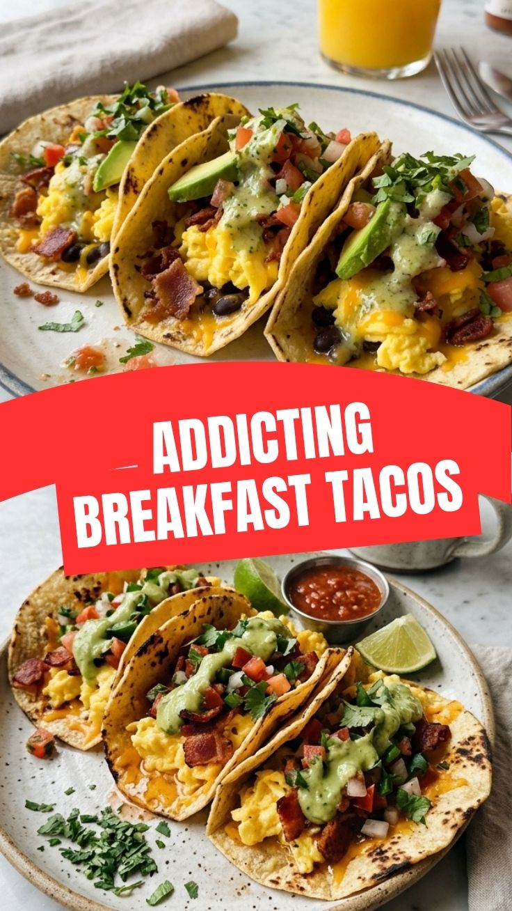 Close-up photo of delicious breakfast tacos with eggs, cheese, and salsa