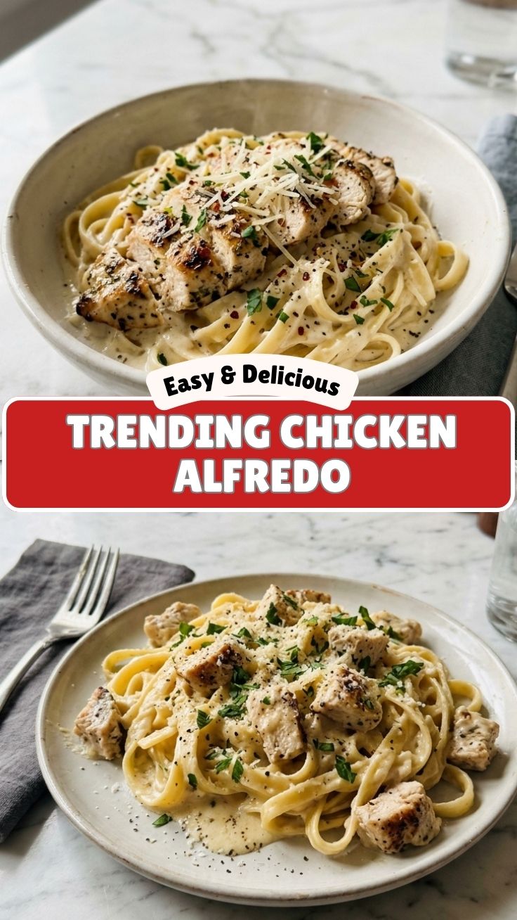 A serving of savory chicken alfredo with tender chicken and fettuccine pasta