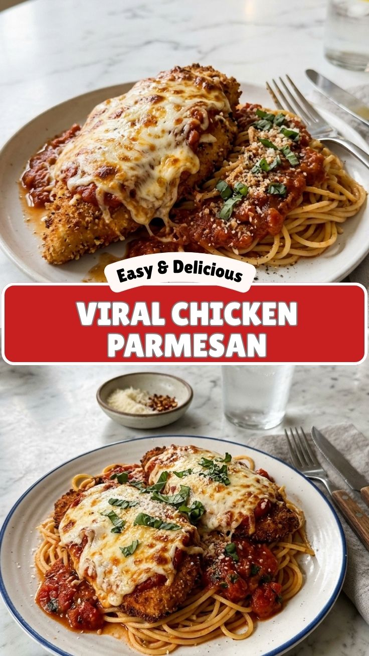 A plate showcasing a savory chicken parmesan dish with melted cheese and marinara sauce.