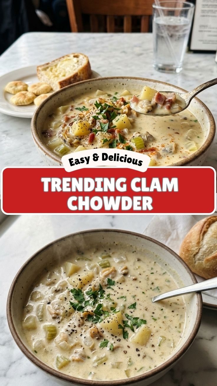 A steaming bowl of savory clam chowder garnished with fresh herbs.