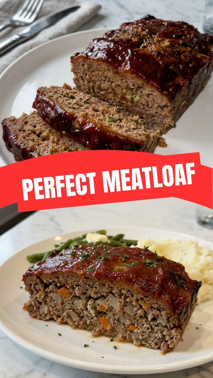 A freshly baked meatloaf, still warm from the oven, with a glistening glaze.